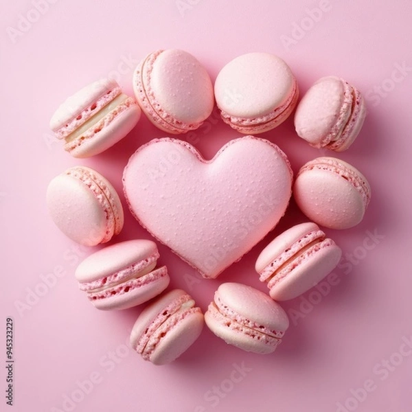 Fototapeta French sweet Pink heart macaroons isolated on pink background. Pastry shop card with copy spacefrench macaroons,Paris Pastry,bakery and branding valentine couple concept,copy space.