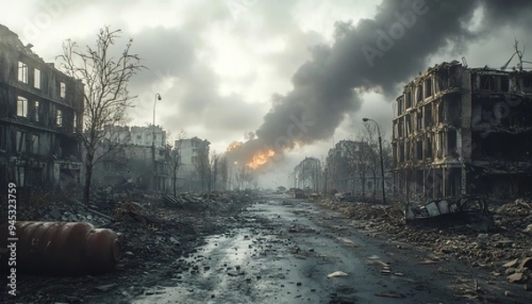 Fototapeta Ultrarealistic 4K image of a country in ruins after the war