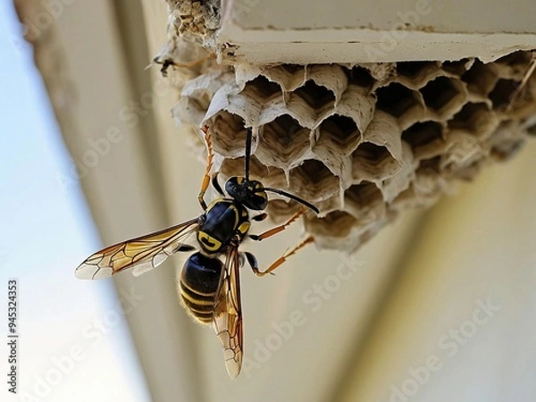 Fototapeta A yellow jacket wasp clinging to a honeycomb nest under an eave.