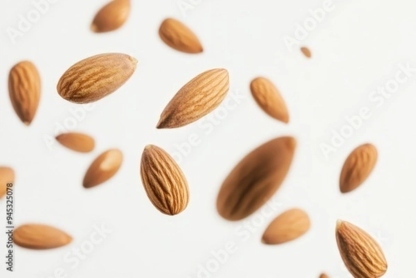 Fototapeta A collection of almonds floating against a light background.