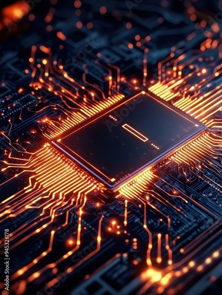 Fototapeta Close-up of a microchip surrounded by glowing circuitry, showcasing modern technology and intricate design.