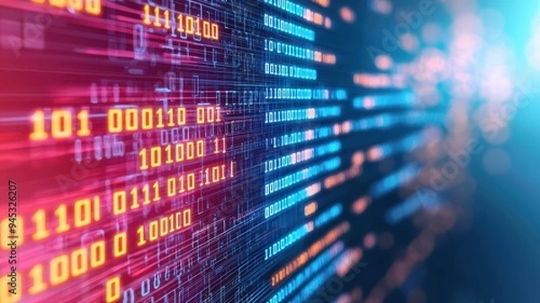 Fototapeta A vibrant representation of binary code flowing, symbolizing data processing and digital innovation in a technological environment.
