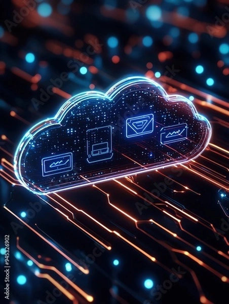 Fototapeta Futuristic cloud computing concept with icons for email and data storage on a glowing digital background.