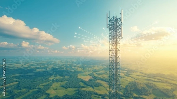Fototapeta Aerial view of a communication tower in a serene landscape under a bright sky, symbolizing connectivity and technology.