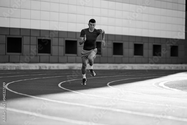 Fototapeta Black and white filter. Young athletic m,an, sprinter picks up speed before finish line to win. Dynamic photo. Concept of sport, tournament, motivation, workout, competition. Ad