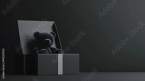 Fototapeta A simple yet elegant scene with a teddy bear peeking out of a sleek, monochrome gift box