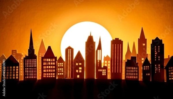 Fototapeta Paper cut-out silhouettes creating cityscape, style urban art photography, mood dynamic, background. 3