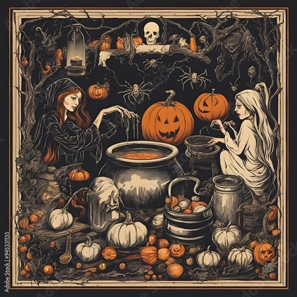 Obraz macabre Halloween night with witches, spiders, and potion cauldrons
