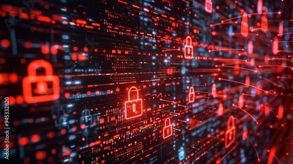 Fototapeta Ominous red data breach symbols flash on a virtual screen with code on a sleek dark backdrop.