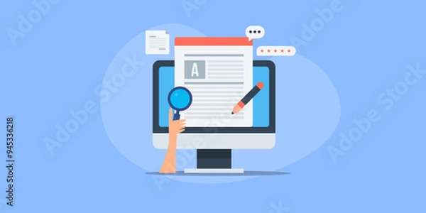 Fototapeta Content research and writing, publishing article blog on web and social media, conceptual vector illustration.