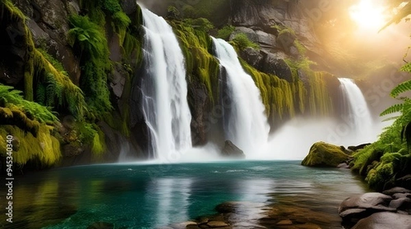 Fototapeta A majestic, towering waterfall cascading down rugged, moss-covered rocks, with ferns and lush greenery sprouting from the crevices, into a serene, crystal-clear pool below, its glassy surface reflecti