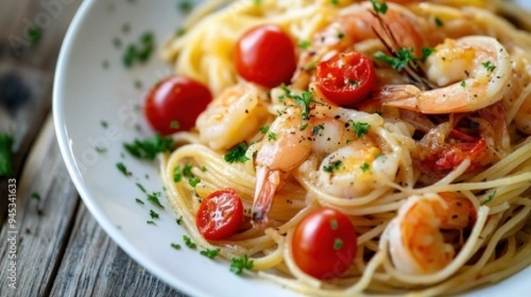 Obraz Delicious Shrimp Scampi with Cherry Tomatoes and Parsley
