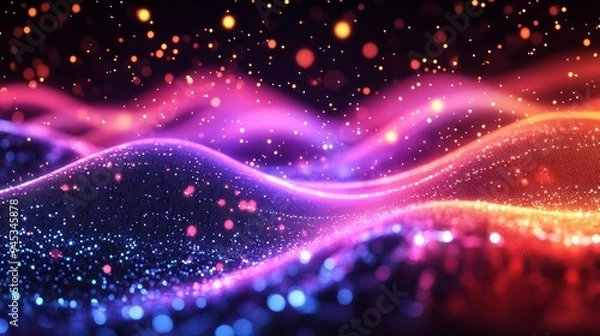Fototapeta Abstract Digital Wave: A mesmerizing abstract digital wave, rendered in vibrant hues of pink, orange, and blue, flows across a dark background. Glimmering particles dance within the wave, creating a