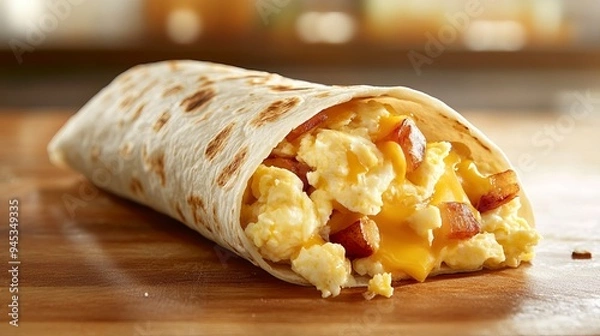 Fototapeta Tasty breakfast burrito with eggs and cheese on a wooden table
