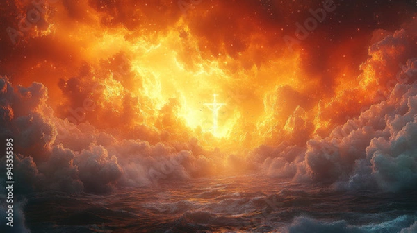 Obraz A dramatic representation of the heavenly throne and Jesus Christ return, with ethereal clouds and celestial light enhancing the majesty and prophetic nature of the scene.