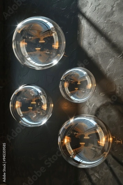 Fototapeta Abstract design of floating, transparent bubbles against a teal background, creating a clean, minimalistic aesthetic with soft shadows.