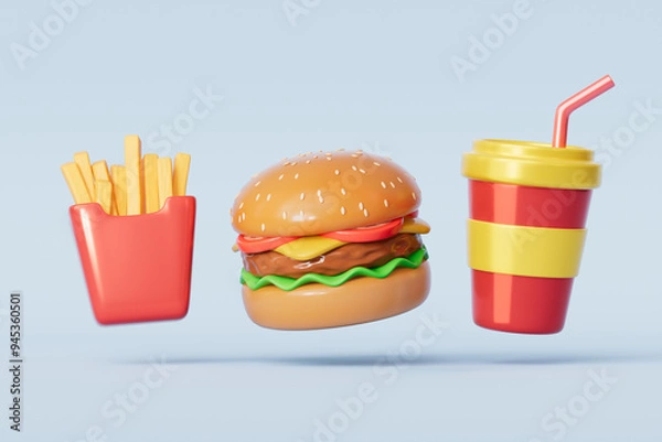 Fototapeta 3d rendering hamburger chips and coke