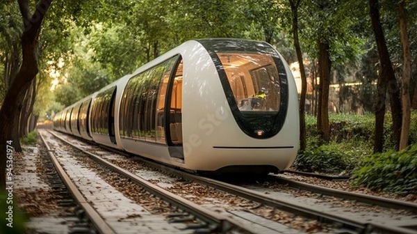 Fototapeta Modern autonomous train traveling through a lush green urban environment
