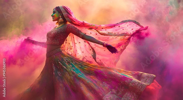 Fototapeta A Cinematic Shot of an Indian Woman Dancing in Colorful Attire
