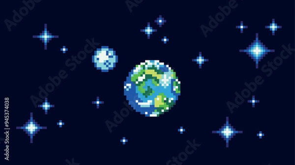 Fototapeta Earth and moon pixel art banner. Blue planet in space, stars around. Astronomical object background. 8-bit sprite. 