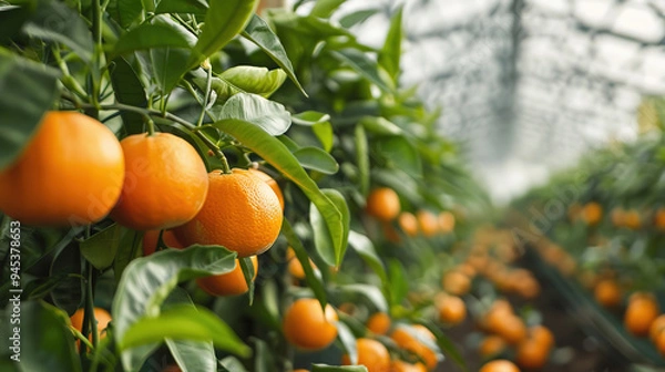Fototapeta Oranges on tree. Harvesting orange fruits