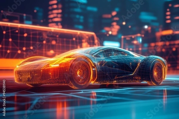 Fototapeta Futuristic automotive technology concept featuring wireframe intersection in 3d illustration