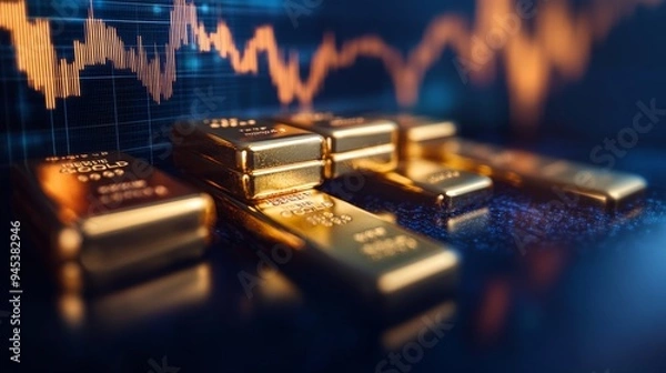 Fototapeta A close-up of gleaming gold bars stacked neatly, with a financial graph overlay showing upward trends in the background, highlighting investment growth.