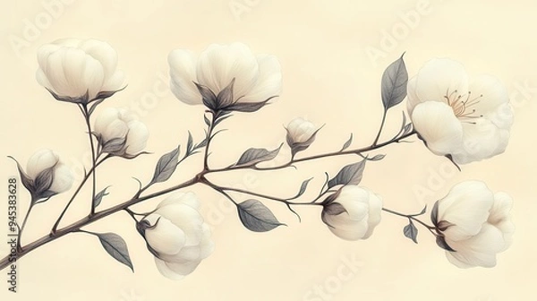 Fototapeta delicate handdrawn cotton branch wispy fibers and fluffy bolls rendered in fine ink lines botanical illustration style on cream paper background
