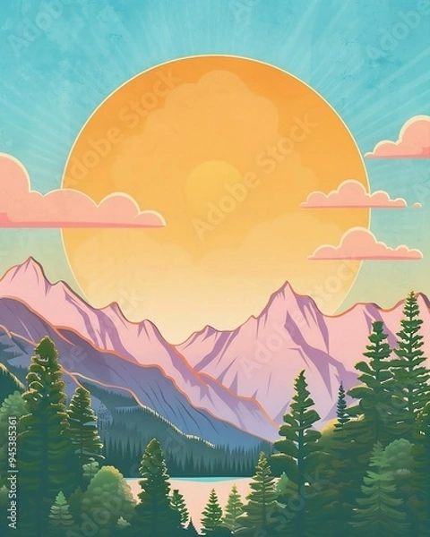 Obraz Vibrant illustration of a mountain landscape with a large, glowing sun and stylized trees, creating a warm, retro atmosphere.

