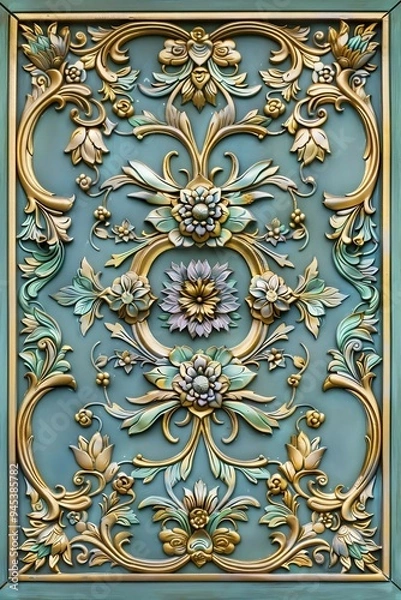 Obraz A detailed ornate floral decorative panel featuring intricate gold and pastel flowers and leaves on a teal background, exuding elegance and luxury.

