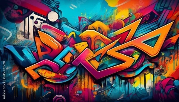 Fototapeta An urban background with retro graffiti featuring bright colors and wild patterns.