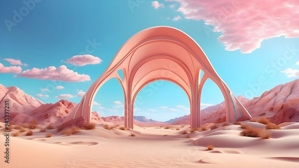 Fototapeta 3d render Surreal pastel landscape background with geometric shapes, abstract fantastic desert dune in seasoning landscape with arches, panoramic, futuristic scene with copy space, blue sky and cloudy