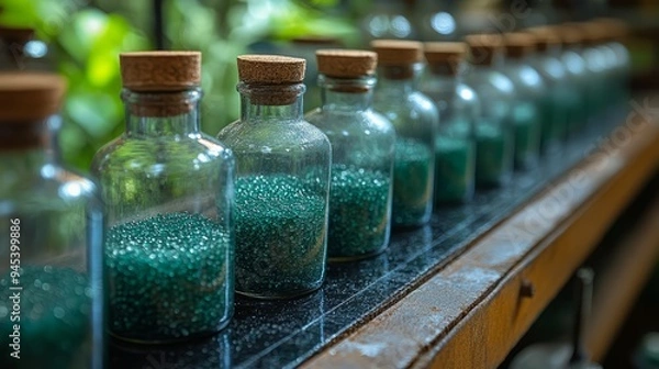 Fototapeta Detailed view of green bioplastic particles in a laboratory setting, showcasing their application