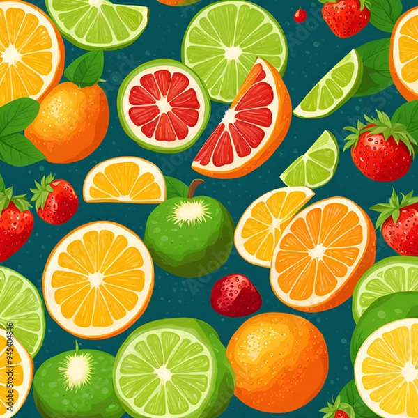 Fototapeta seamless background with citrus fruits, Flat view mixing different of fruits oranges, kiwi, lime, strawberries, lemon isolated on background, Summer tropical Exotic fruits.