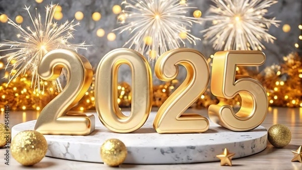 Obraz A sleek, futuristic 2025 New Year background with shimmering silver and gold accents, and vibrant digital fireworks.