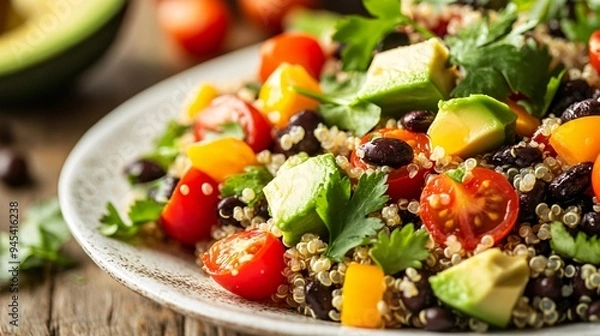 Obraz A close-up of a quinoa and black bean salad with diced avocado, cherry tomatoes, and cilantro, served on a white plate with a rustic wooden table in the background