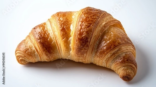 Fototapeta A crisp, flaky golden-brown croissant shown from a top-down view on a white background, highlighting its luscious layers and buttery texture perfect for breakfast.