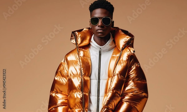 Obraz A man in sunglasses wears a gold puffer jacket against a tan background
