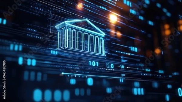 Obraz Futuristic digital representation of a government building with data streams symbolizing technology and finance integration.