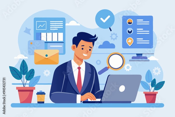 Fototapeta Search or discover new information, find new job or career available, research and analyze information, SEO website optimization, searching concept, businessman search new job on virtual search box.
