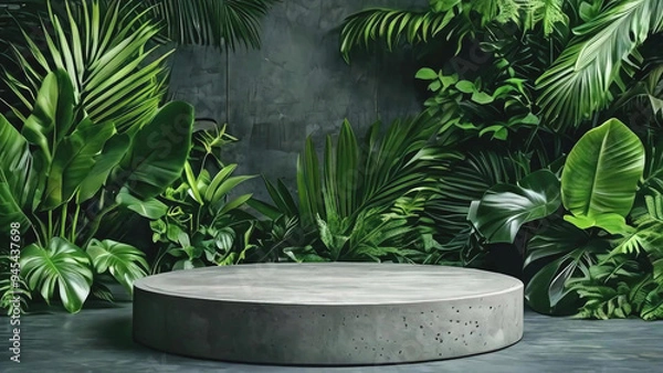 Fototapeta Wooden podium platform for products and advertising with growing palm bushes in the background, ideal for promotional and marketing displays new stock image illustration AI