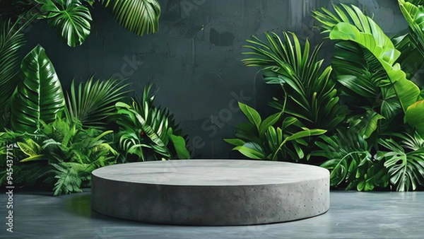 Fototapeta Wooden podium platform for products and advertising with growing palm bushes in the background, ideal for promotional and marketing displays new stock image illustration AI