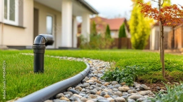 Fototapeta Black pipe for drainage system in a backyard next to a house.