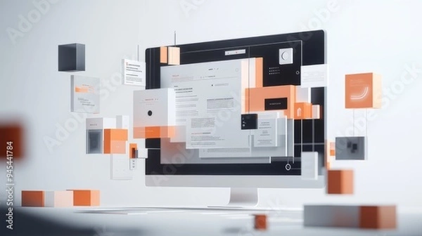 Obraz Concept of assembling a web page from modules that fly around the display. The web design studio concept page is on the display