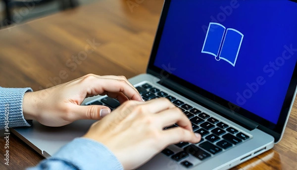 Fototapeta A person's hands typing on a laptop keyboard, with an open book icon displayed on the screen screen