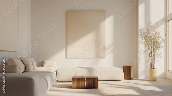 Fototapeta Modern luxury interior design of a living room in house and sun rays from the window against the background of concrete walls. White balnk painting frame in the middle to place your design.