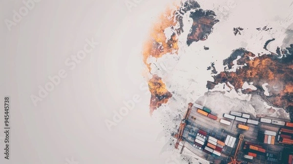 Obraz A creative representation of a world map with Earth's continents in a rust-like texture, featuring vibrant cargo ships on a white background