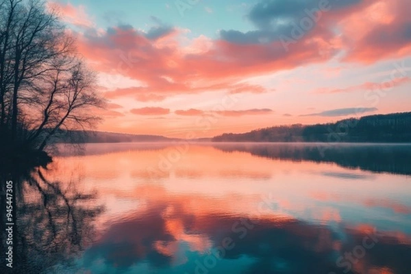 Fototapeta A serene sunset reflecting pink and blue hues on a calm lake, framed by bare trees and dramatic clouds, capturing the tranquility and beauty of the evening light.