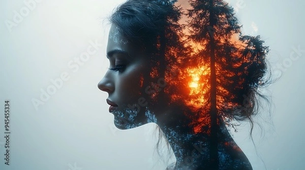 Fototapeta A woman's profile is superimposed with a sunset scene in a forest, symbolizing inner peace and connection with nature.