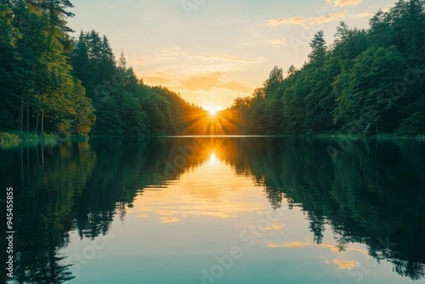 Fototapeta A tranquil sunrise over a still lake with reflections of dense green forest, creating a calming and peaceful scenery perfect for nature and landscape enthusiasts.